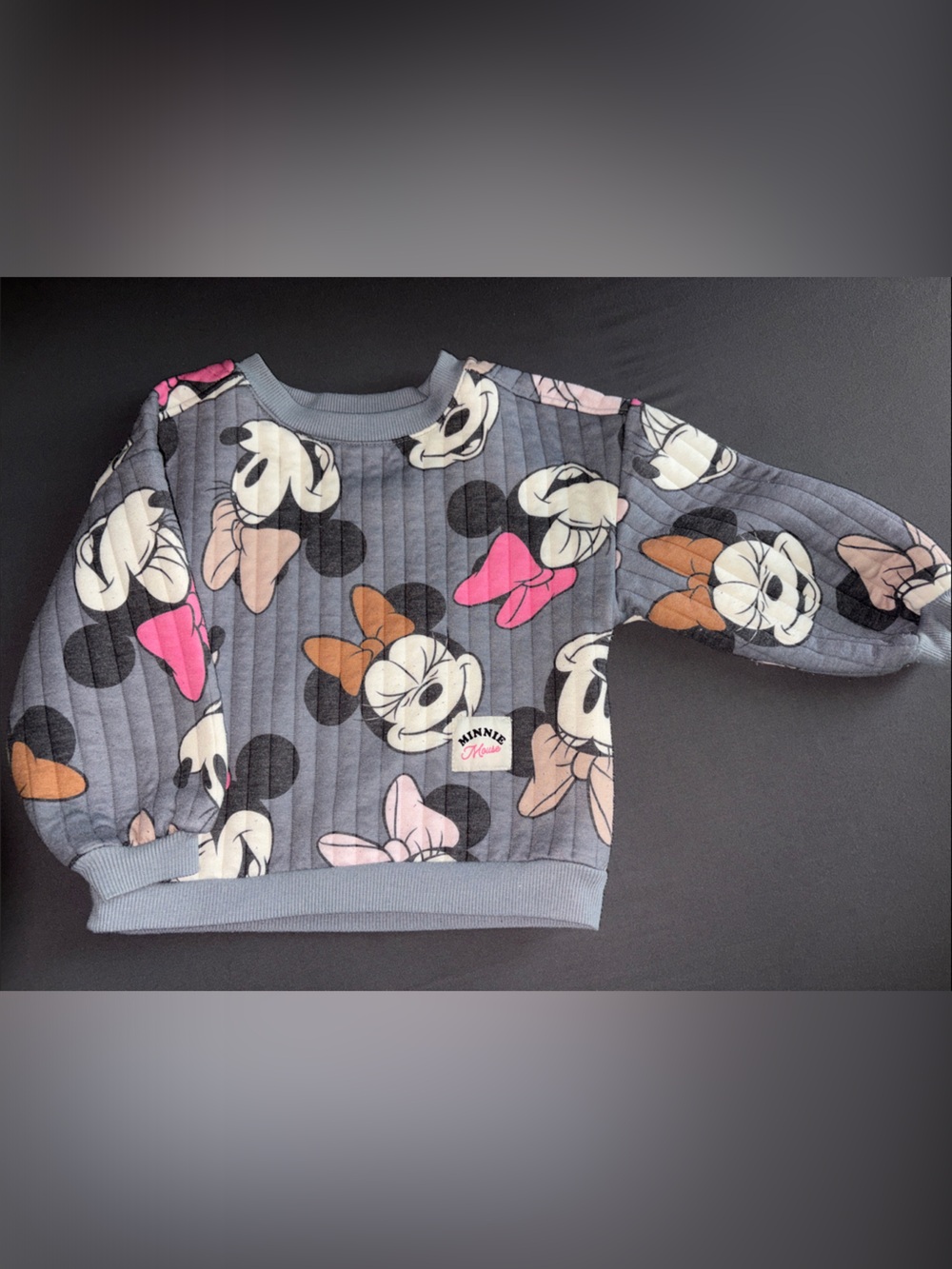 Disney Gray Minnie Mouse Quilted Sweatshirt with Pink & Brown Bows